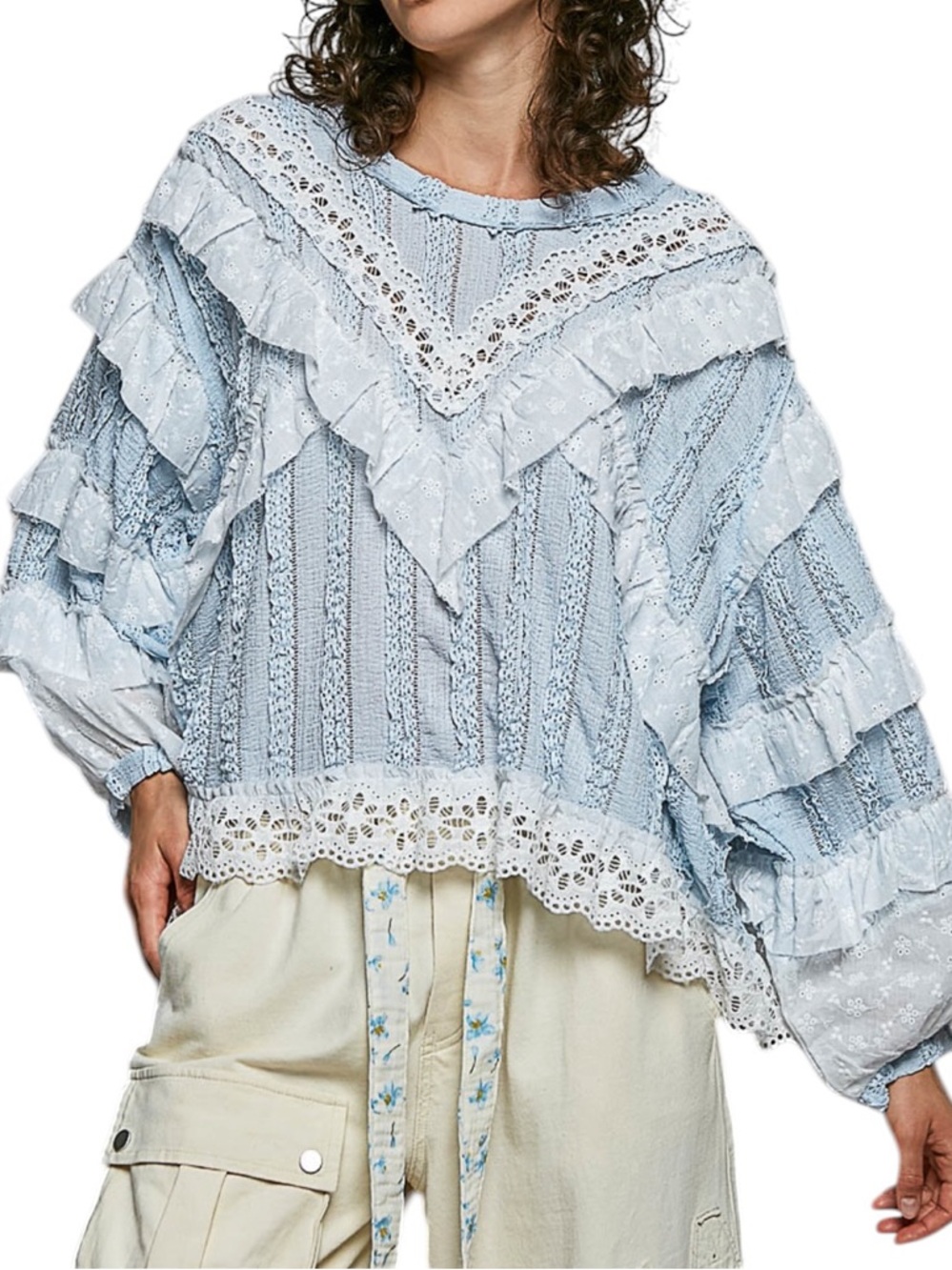 315. POL Blue & white Lace Trim Ruffle Knit Women's Top